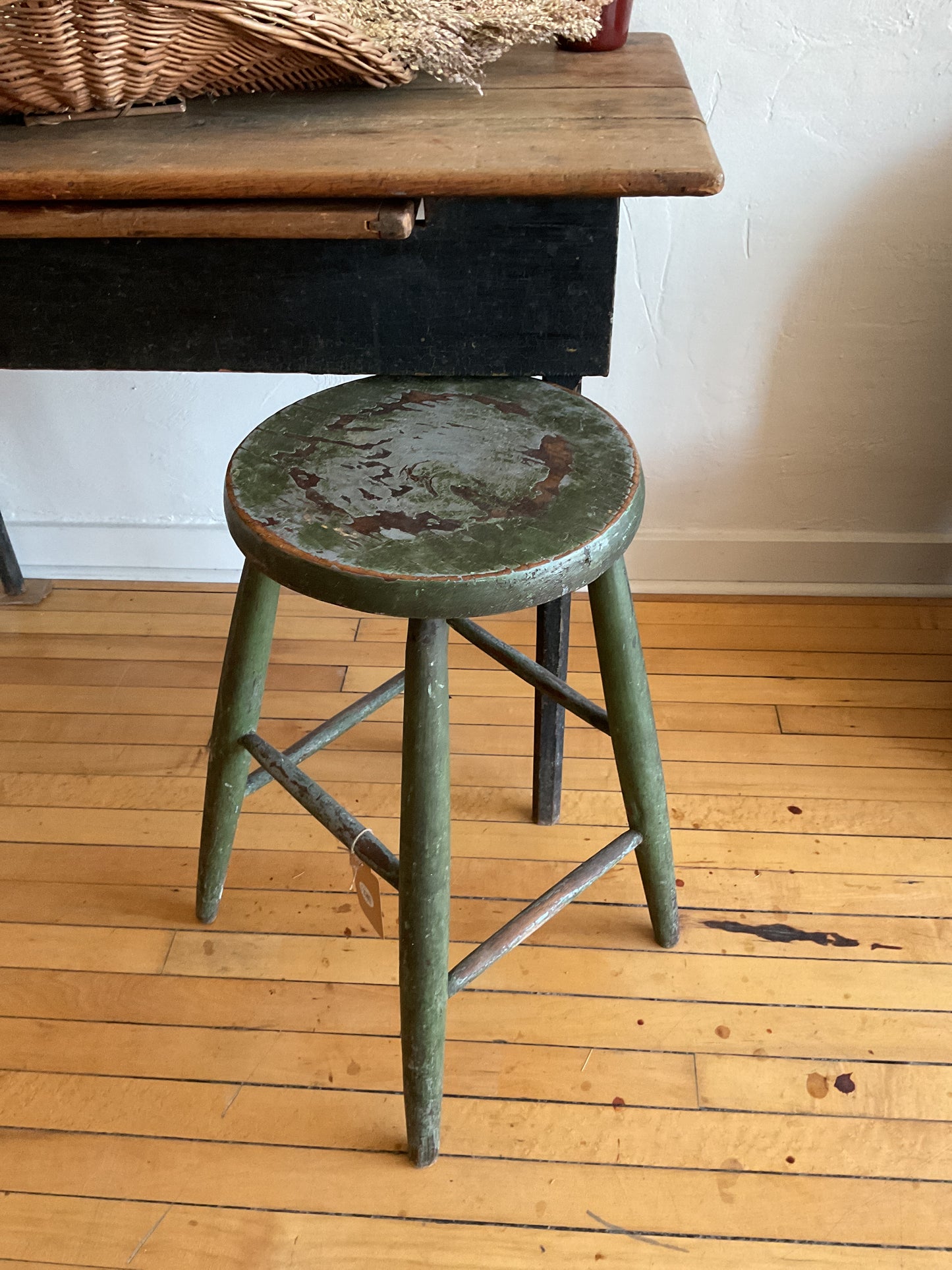 Green wooden tall country stool