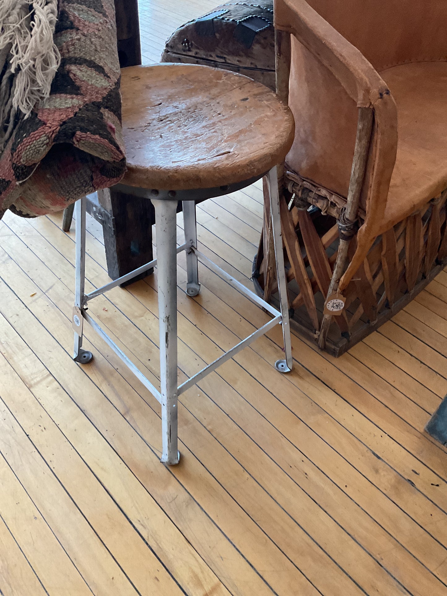 Metal white leg stool with wood top- tall