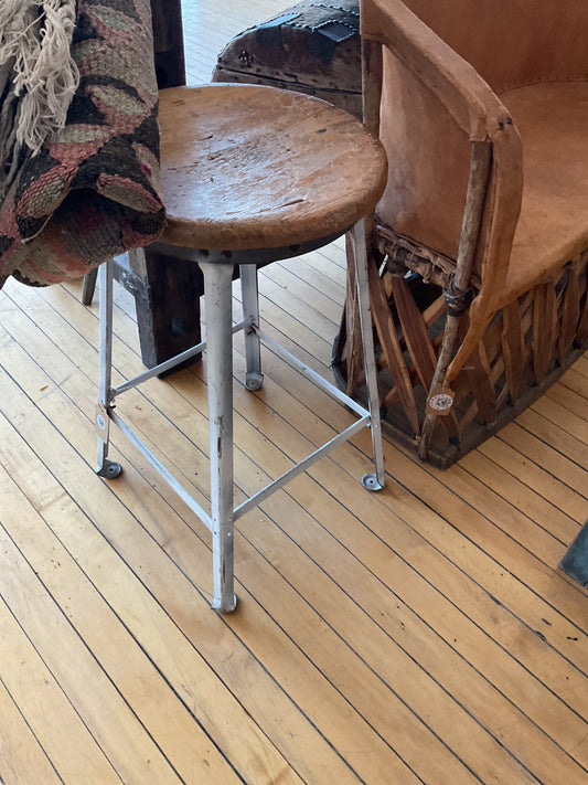 Metal white leg stool with wood top- tall